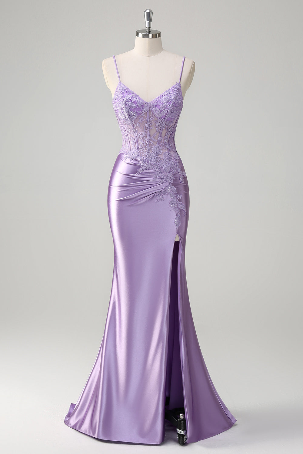 purple satin mermaid dress Lilac Spaghetti Straps Satin Mermaid Long Prom Dress with Appliques