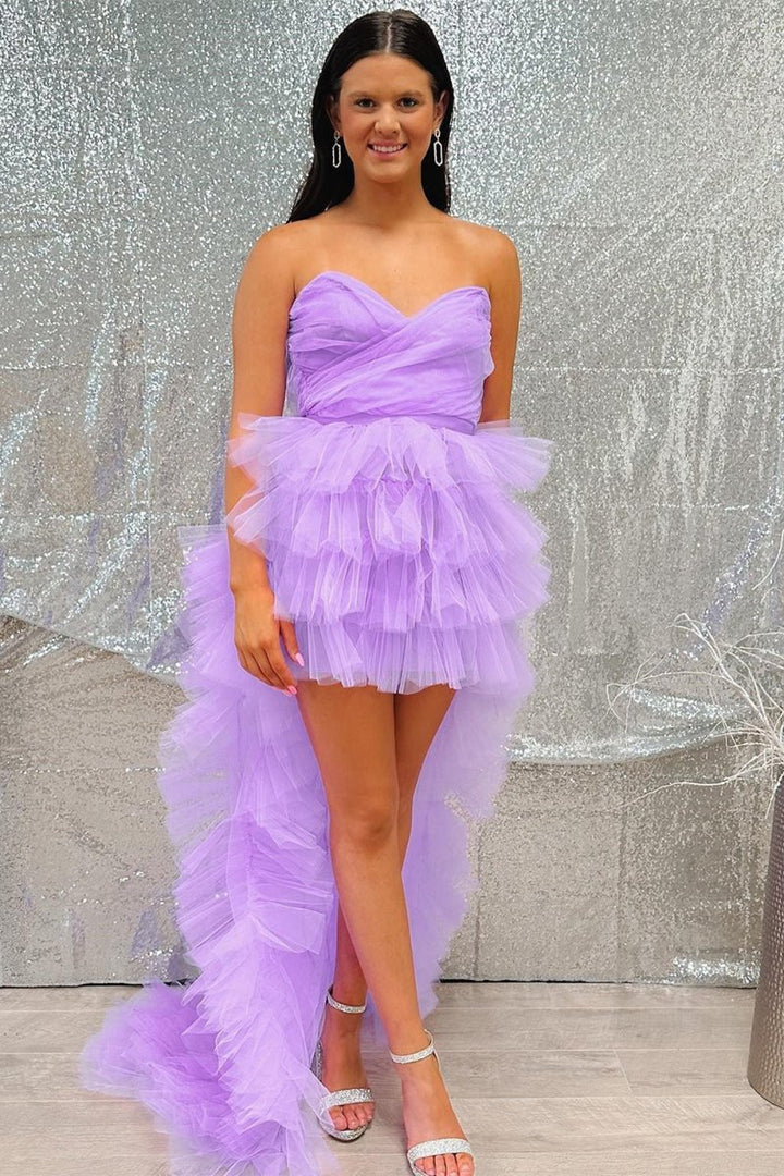 Koscy Lilac Tulle Strapless High-Low Homecoming Dress with Ruffles