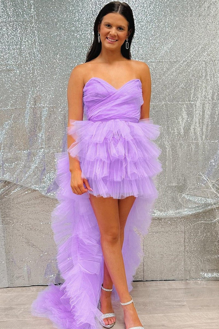 Koscy Lilac Tulle Strapless High-Low Homecoming Dress with Ruffles