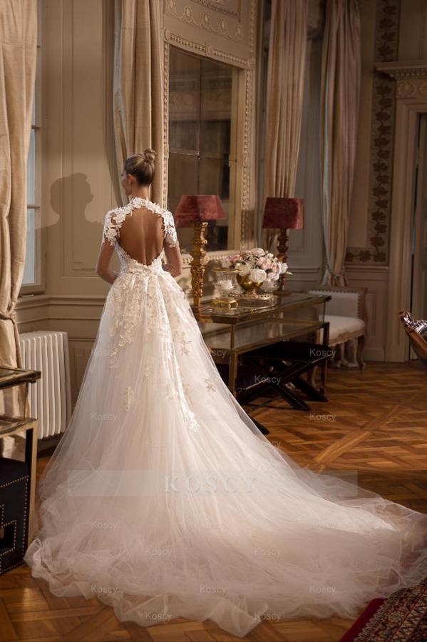 Long A-line High Neck Tulle Lace Backless Wedding Dress with Slit Long A-line High Neck Tulle Lace Backless Wedding Dress with Slit
