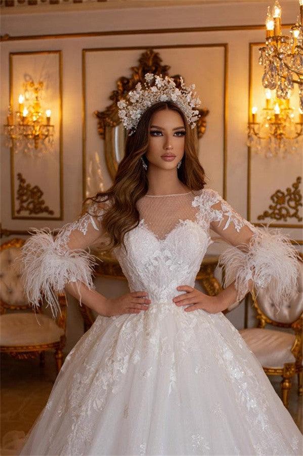 Long A-line Sweetheart Tulle Wedding Dress With Sleeves