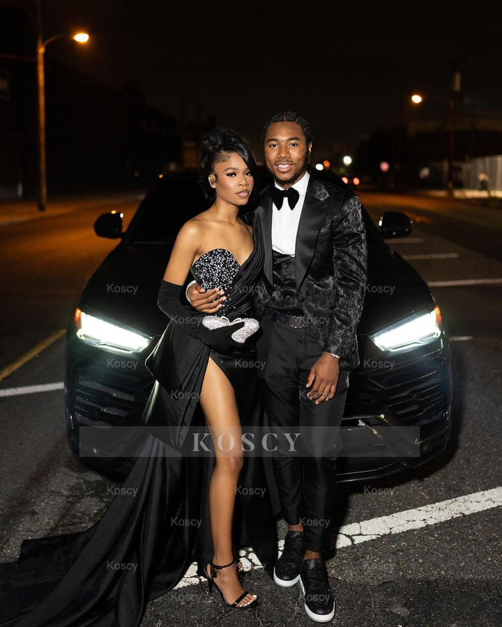 Long Black Sequin Strapless Prom Dress with Slit Pleated