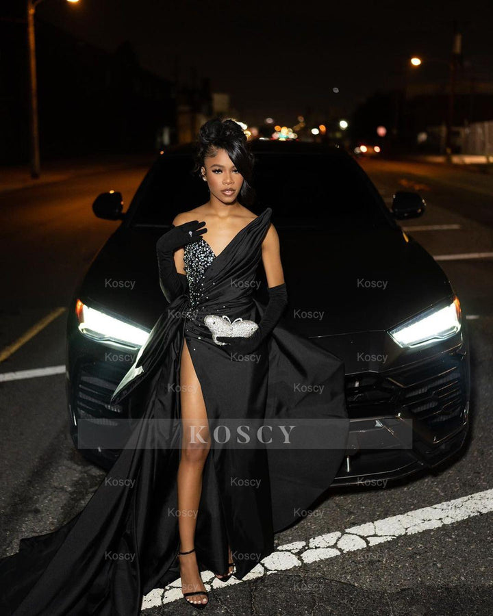 Long Black Sequin Strapless Prom Dress with Slit Pleated Long Black Sequin Strapless Prom Dress with Slit Pleated
