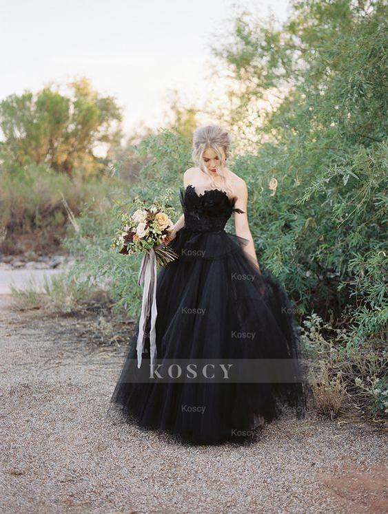 Long Black Tulle Wedding Dress with Lace