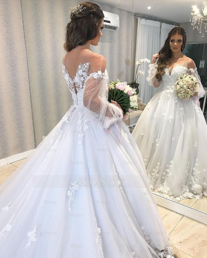 Long Fashion Princess Off-the-Shoulder Tulle Wedding Dress with Bubble  Sleeves