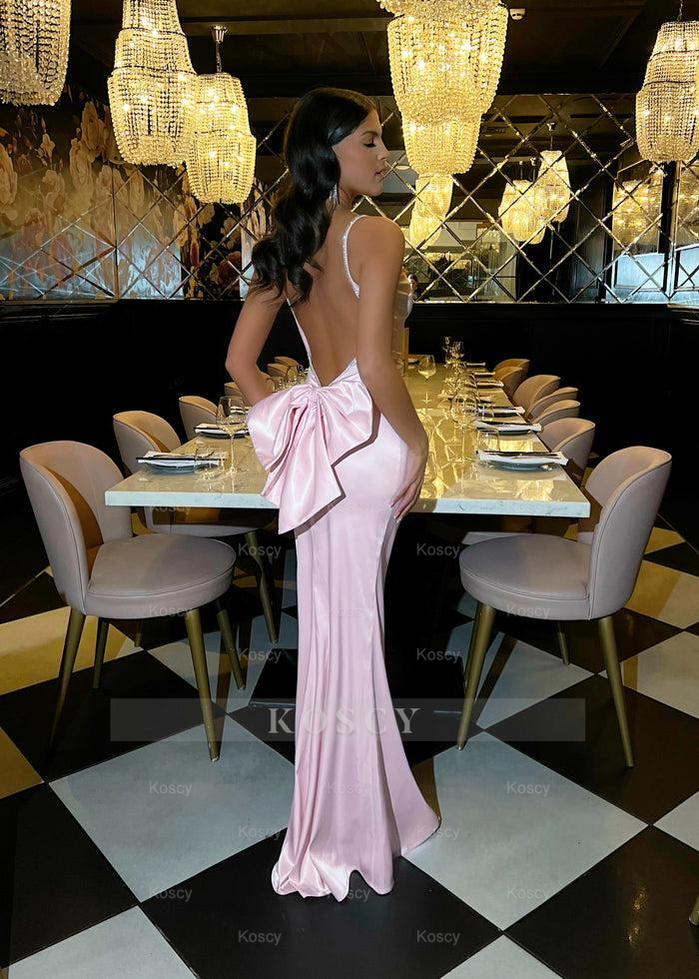 Long Light Pink Backless Sleeveless Halter Prom Dress Evening Gowns