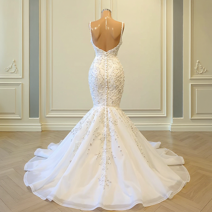 Long Mermaid Sweetheart Wedding Dress with Spaghetti Straps Sequins an