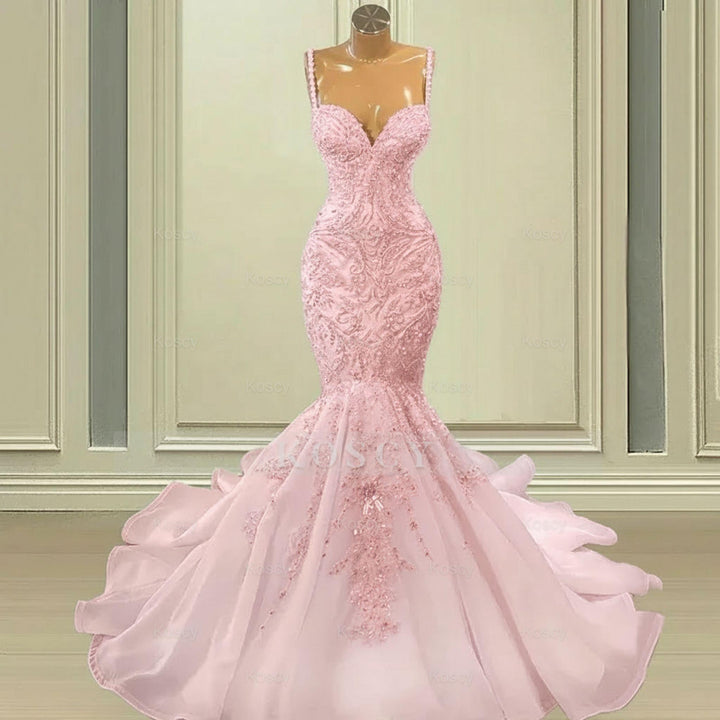 Long Mermaid Sweetheart Wedding Dress with Spaghetti Straps Sequins an