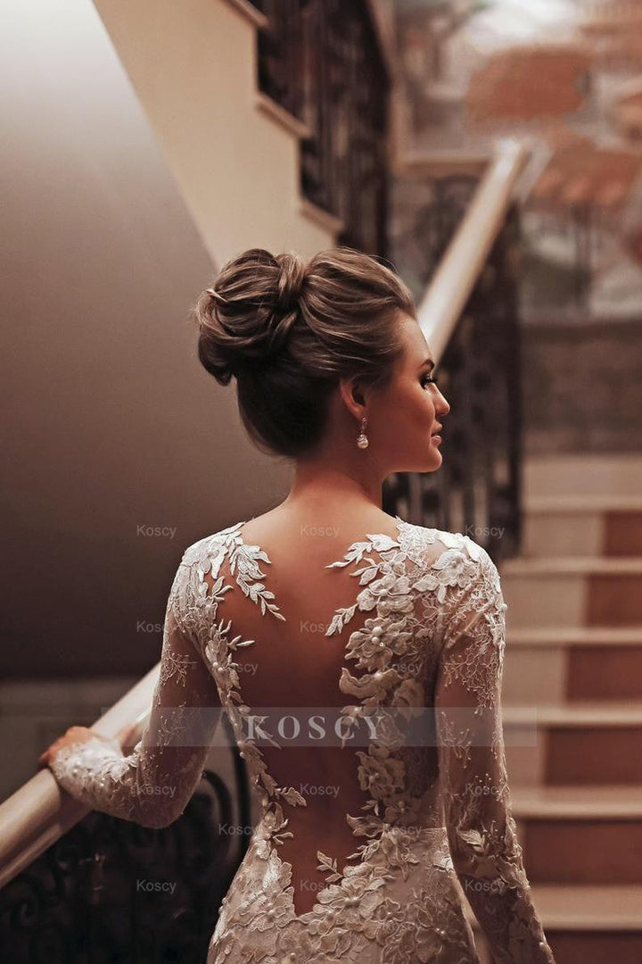 Long Sleeve High Neck Appliques Lace Backless Mermaid Wedding Dress