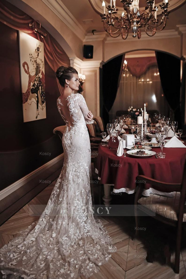 Long Sleeve High Neck Appliques Lace Backless Mermaid Wedding Dress Long Sleeve High Neck Appliques Lace Backless Mermaid Wedding Dress