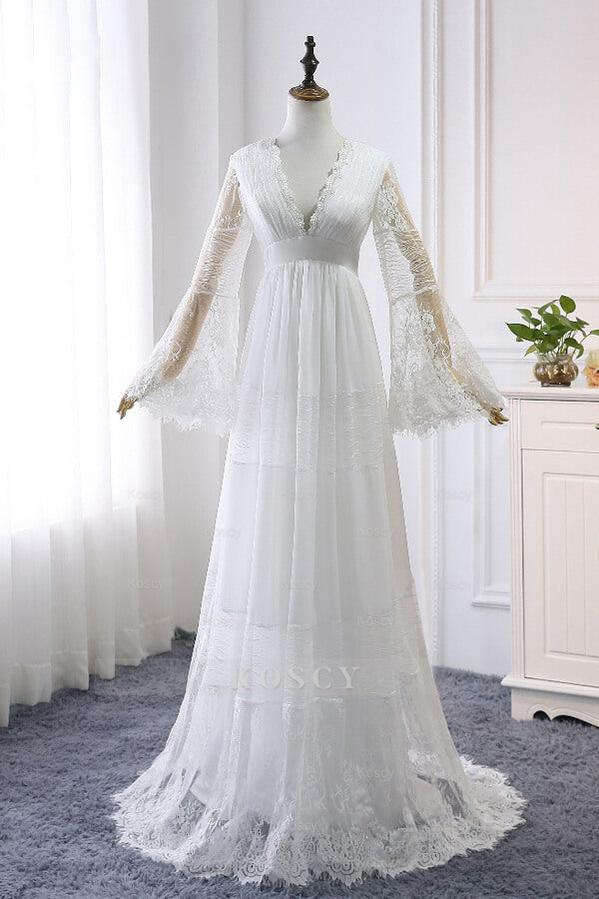 Long Sleeve Lace Tulle Wedding Dress with Empire Waist