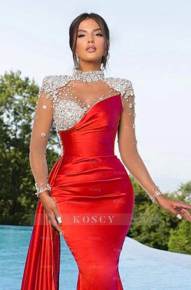 open lace back dress Long Sleeve Purple Satin Mermaid Prom Dress with Trail Beadings
