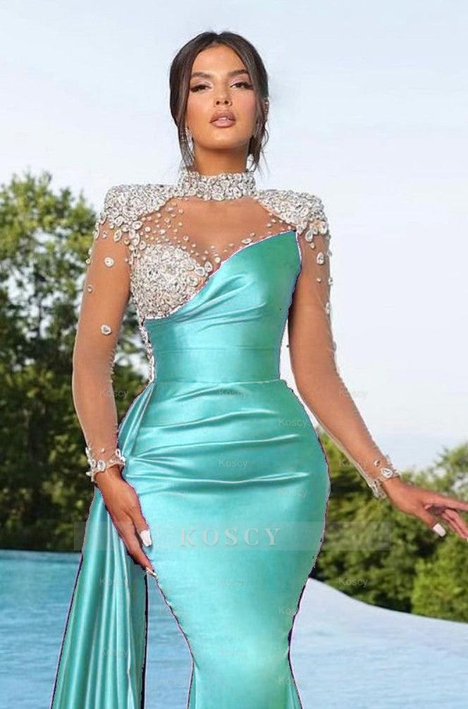 fitted lace wedding dress Long Sleeve Purple Satin Mermaid Prom Dress with Trail Beadings