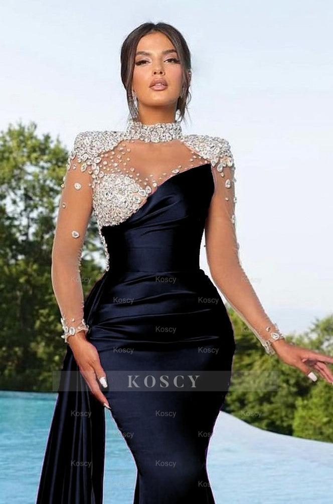 chinese dress ladies Berylove Women Dark Green Sequin Formal Dress Mermaid Long Sleeve Bateau Neck Maxi Evening Dress with Slit, Dark Green / US18W