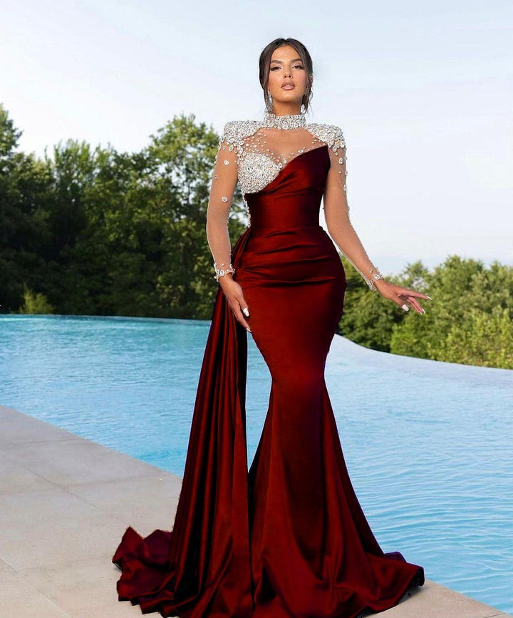 red mermaid prom dress with sleeves Red Long Sleeves Mermaid Prom Dress With Slit PD0168