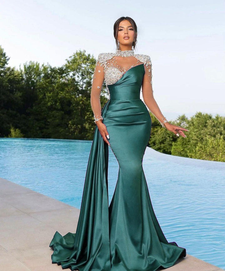 long sleeve teal prom dresses Luxury Teal High Neck Beaded Evening Gown with Sheer Long Sleeves Cape SS028