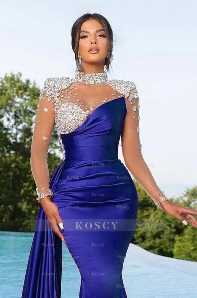 Long Sleeve Purple Satin Mermaid Prom Dress with Trail Beadings Long Sleeve Purple Satin Mermaid Prom Dress with Trail Beadings