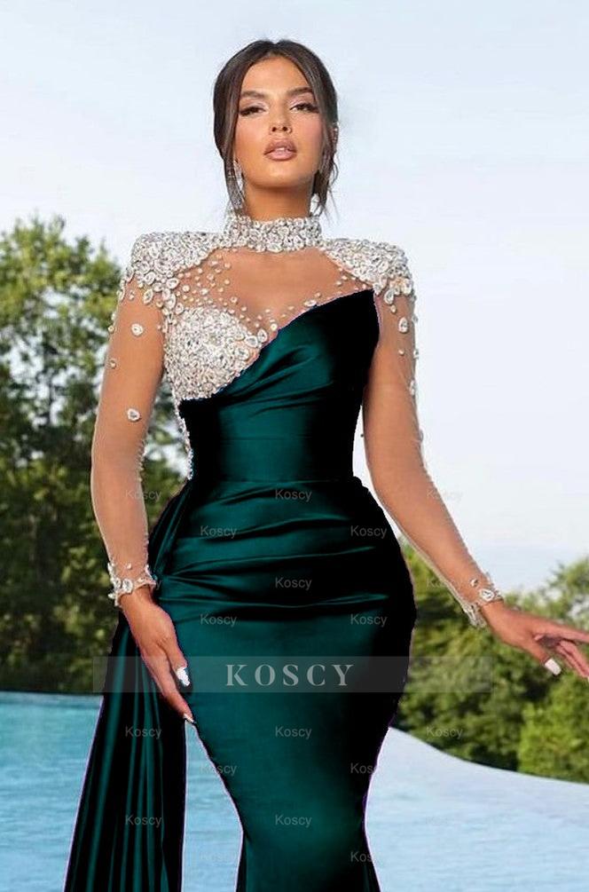 Long Sleeve Purple Satin Mermaid Prom Dress with Trail Beadings Long Sleeve Purple Satin Mermaid Prom Dress with Trail Beadings