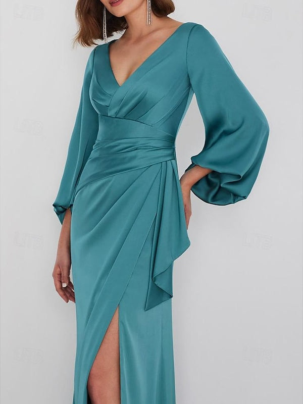 Long Sleeve V-Neck A-Line Wedding Guest Dress in Charmeuse with Ruched Detail Long Sleeve V-Neck A-Line Wedding Guest Dress in Charmeuse with Ruched Detail