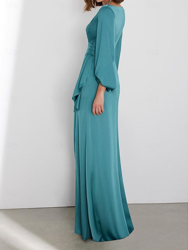 Long Sleeve V-Neck A-Line Wedding Guest Dress in Charmeuse with Ruched  Detail