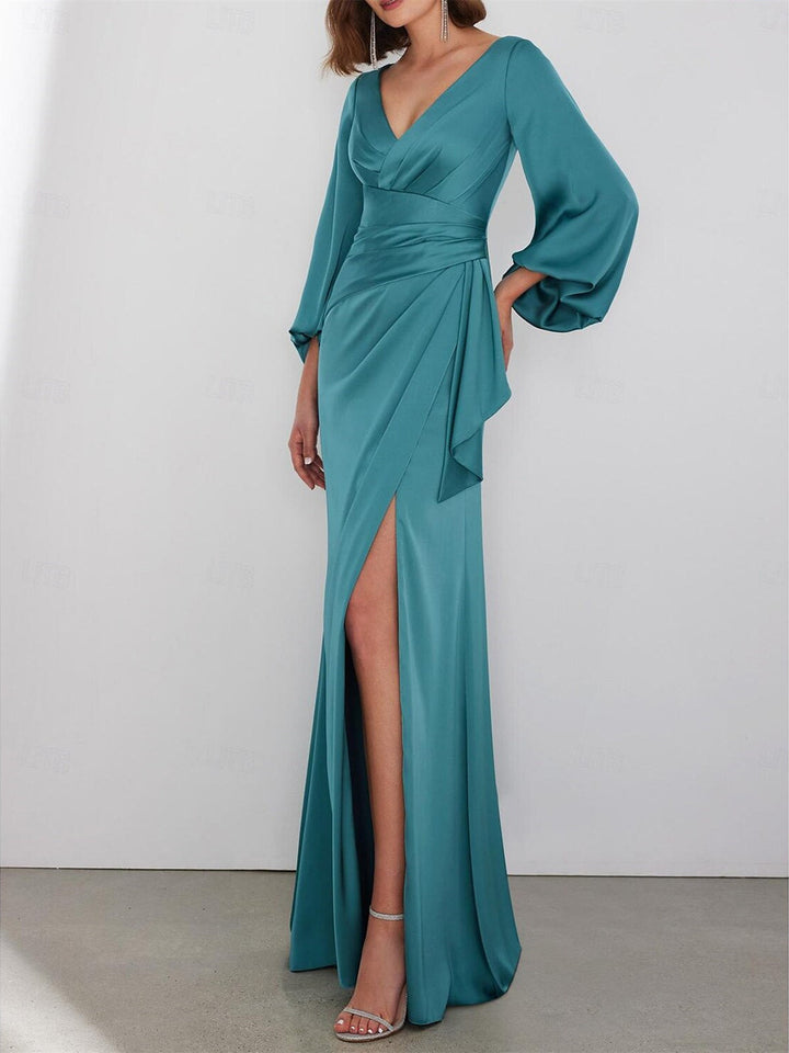 Long Sleeve V-Neck A-Line Wedding Guest Dress in Charmeuse with Ruched Detail Long Sleeve V-Neck A-Line Wedding Guest Dress in Charmeuse with Ruched Detail