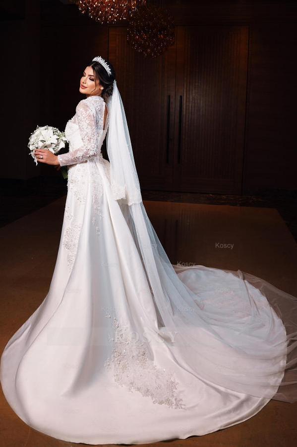fitted lace wedding dress Elegant High Neck A-line Satin Boho Wedding Dress with Long Sleeves fo –  formalgowns main image 0