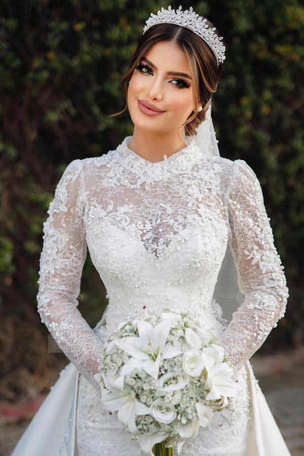 Long Sleeves High Neck Satin Lace Wedding Gown with Chapel Train Long Sleeves High Neck Satin Lace Wedding Gown with Chapel Train
