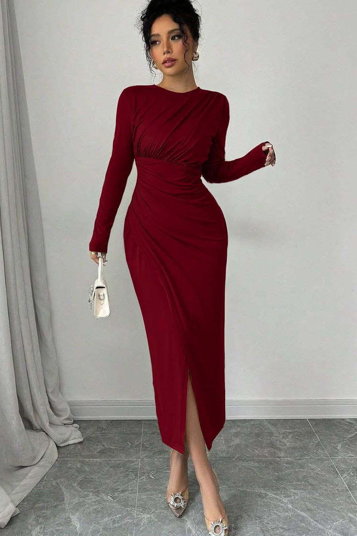 sachin and babi light blue dress Long Sleeves Jewel Neck Tea Length Formal Dress With Split Pleated