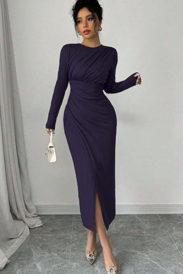 tea length bodycon dress with long sleeves Long Sleeves Jewel Neck Tea Length Formal Dress With Split Pleated