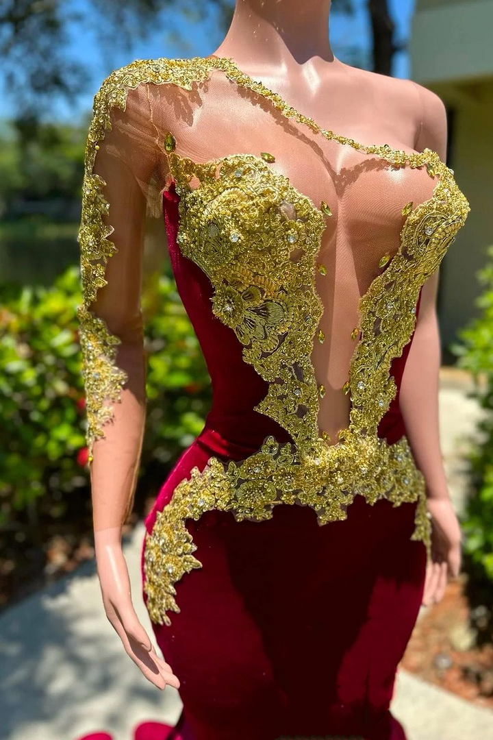 Long sleeves One shoulder Gold Appliques Burgundy Prom Dress Long sleeves One shoulder Gold Appliques Burgundy Prom Dress