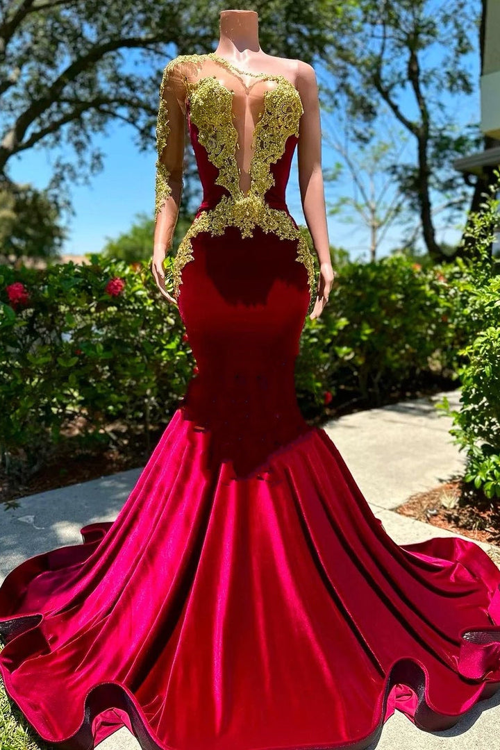Long sleeves One shoulder Gold Appliques Burgundy Prom Dress Long sleeves One shoulder Gold Appliques Burgundy Prom Dress