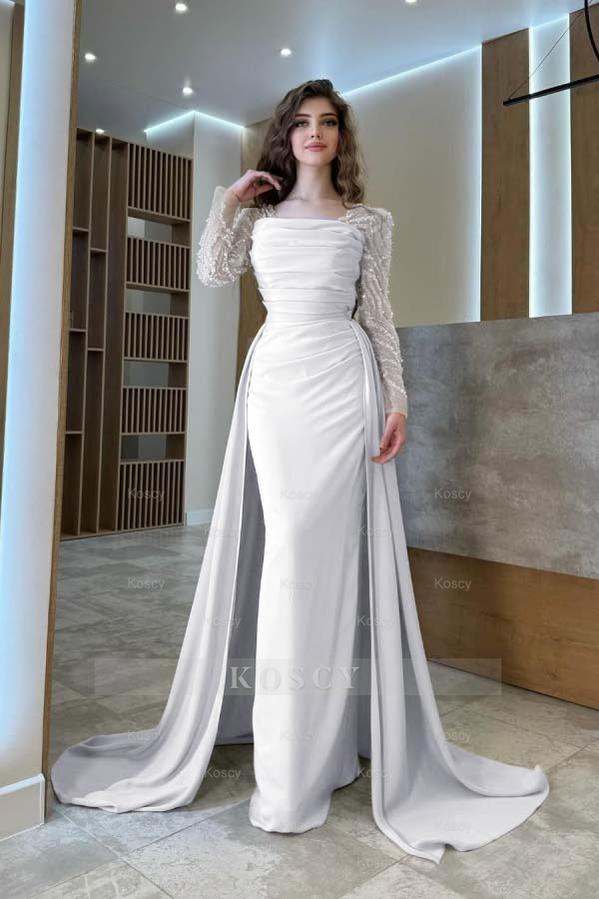 Long Sleeves Square Neck Long Mermaid Formal Dress With Pleated Long Sleeves Square Neck Long Mermaid Formal Dress With Pleated