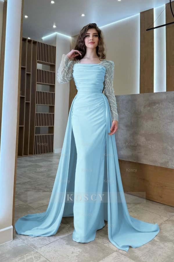 Long Sleeves Square Neck Long Mermaid Formal Dress With Pleated Long Sleeves Square Neck Long Mermaid Formal Dress With Pleated