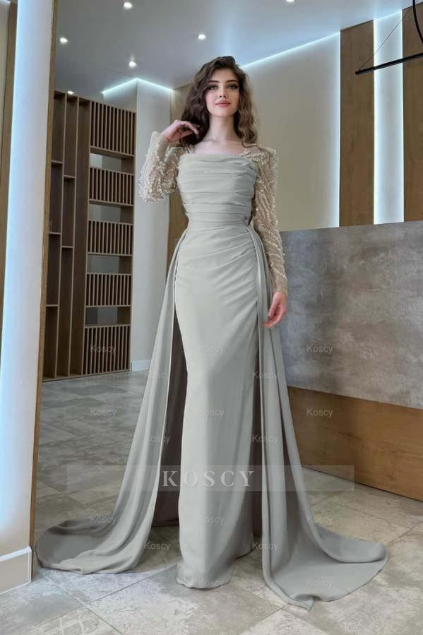Long Sleeves Square Neck Long Mermaid Formal Dress With Pleated Long Sleeves Square Neck Long Mermaid Formal Dress With Pleated