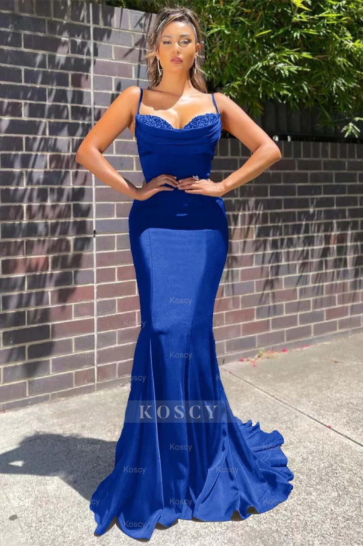 sleeveless mermaid dress Long Spaghetti Strap Sleeveless Mermaid Ruffles Formal Dress With Beadings