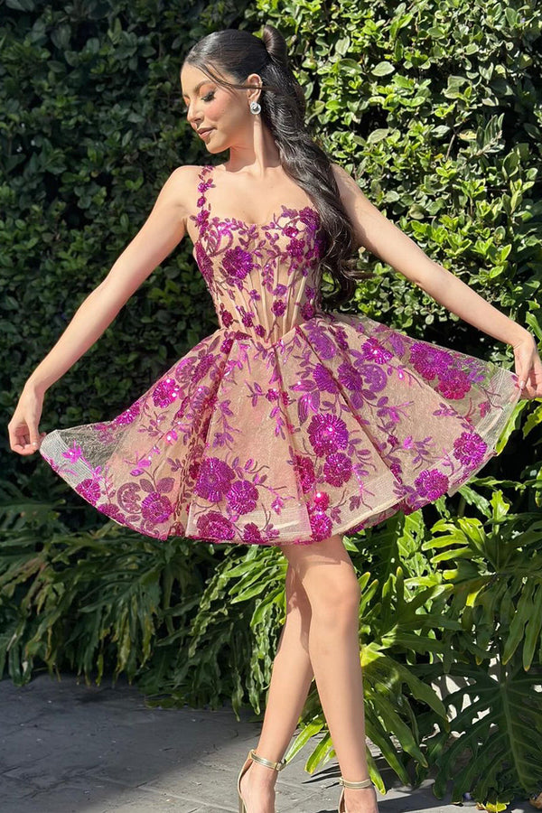 Koscy Lovely A-Line Purple Sequins Appliques Sweetheart Short Homecoming Dress