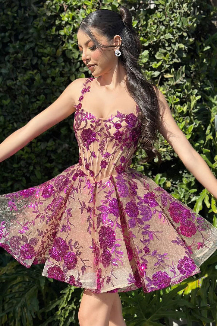 Koscy Lovely A-Line Purple Sequins Appliques Sweetheart Short Homecoming Dress