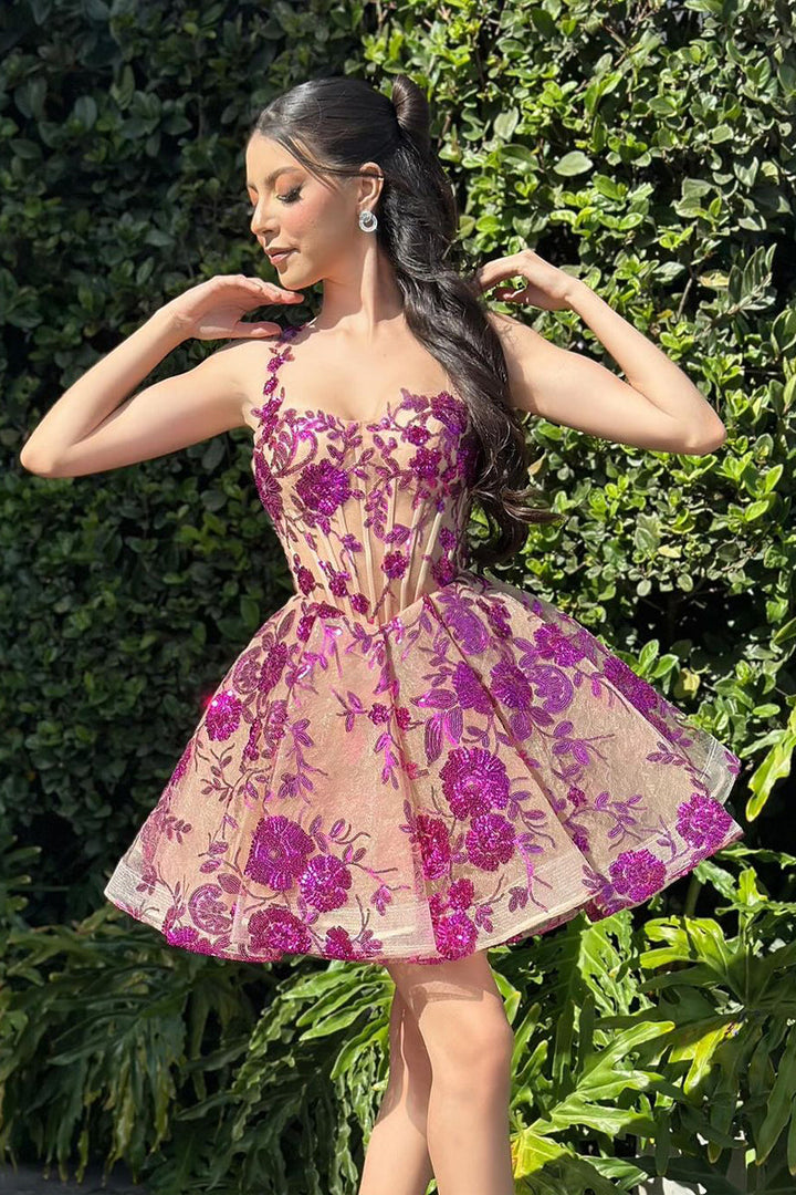 Koscy Lovely A-Line Purple Sequins Appliques Sweetheart Short Homecoming Dress