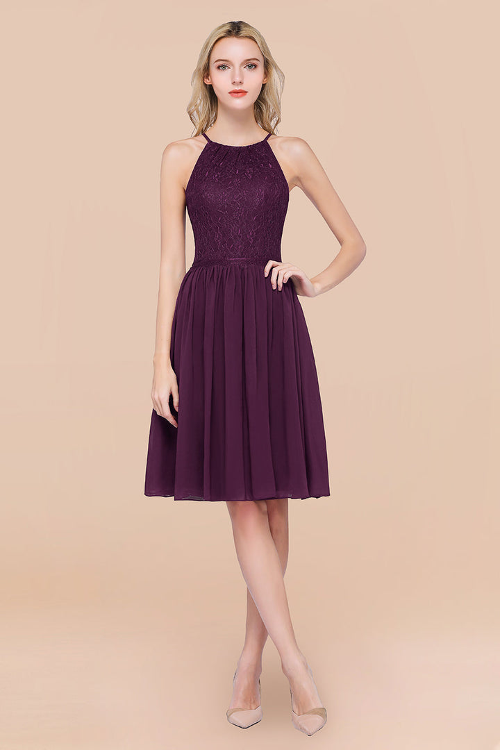 Lovely Burgundy Lace Short Bridesmaid Dresses With Spaghetti-Straps