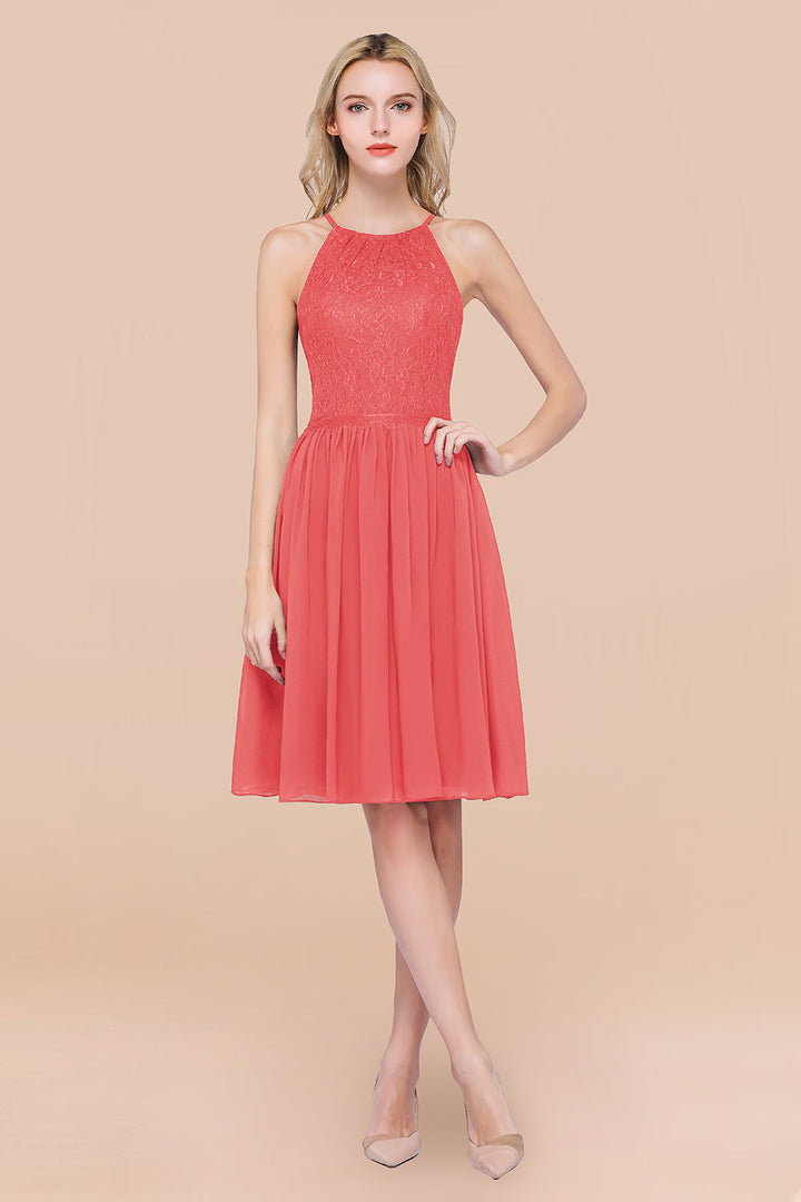 Lovely Burgundy Lace Short Bridesmaid Dresses With Spaghetti-Straps
