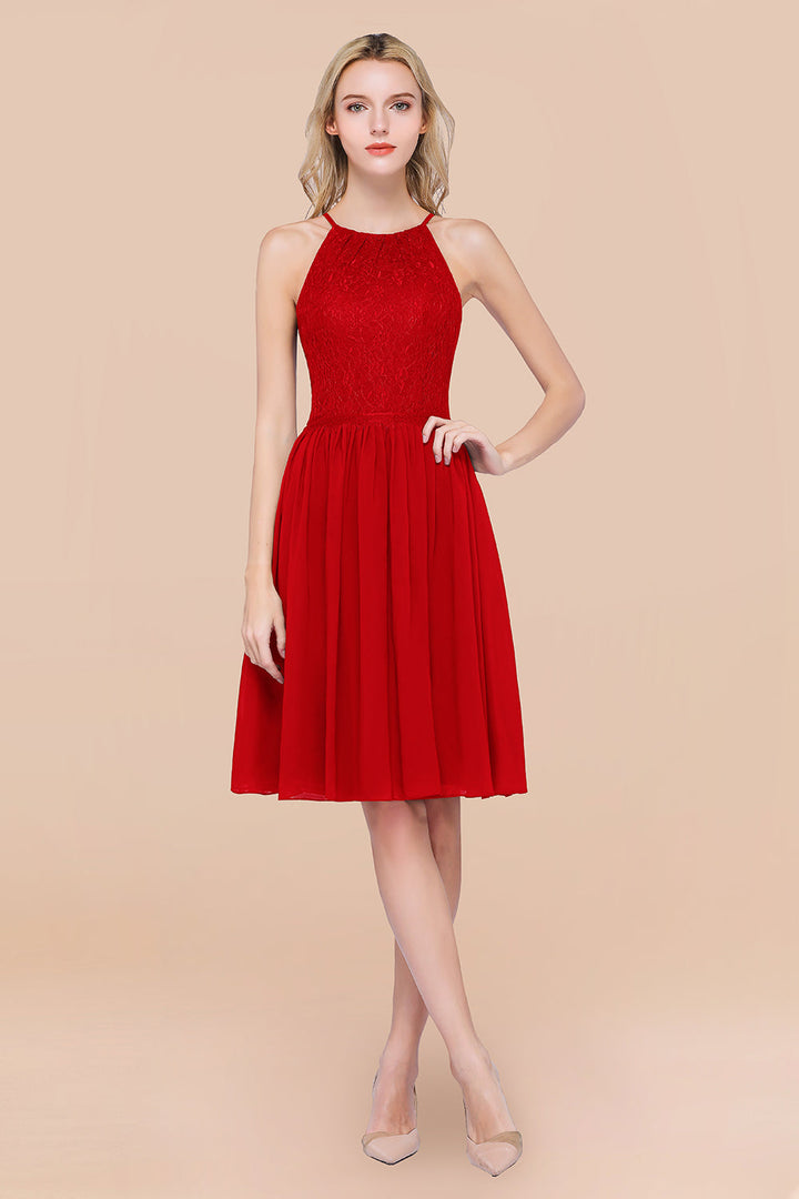 Lovely Burgundy Lace Short Bridesmaid Dresses With Spaghetti-Straps