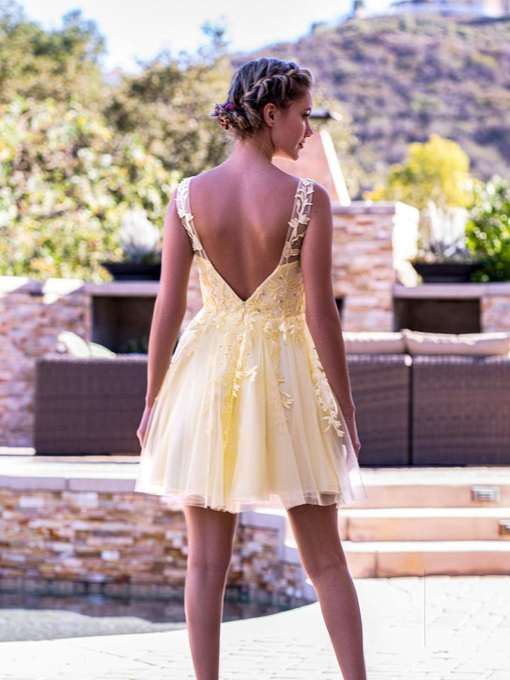 Koscy Low V Back Applique Tulle Mini Length Homecoming Dress