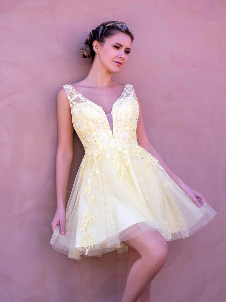 Koscy Low V Back Applique Tulle Mini Length Homecoming Dress