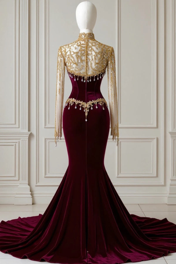 Luxurious Burgundy High Neck Long Sleeves Mermaid Prom Dress with Detachable Coat