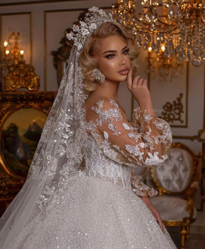 glitter wedding dress Luxury Long Ball Gown Glitter Wedding Dress with Puffy Sleeves