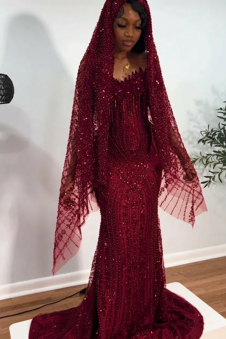 red strapless beaded prom dress Luxury Long Mermaid with Veil split prom dresses The skirt is fully red ballgown Joyfolie Women's Nerina Dress Age:3rd birthday