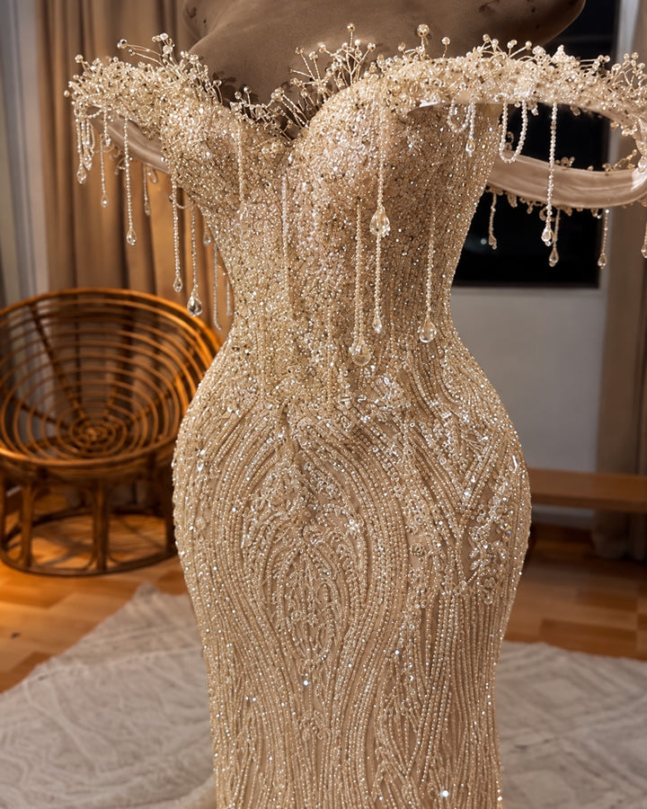 white and gold beaded prom dress Luxury Long Mermaid Off-the-shoulder Corset spookystyle