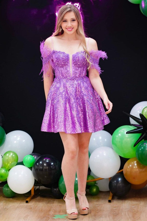 Koscy Magenta Sequin Feather Cold-Shoulder A-Line Short Dress