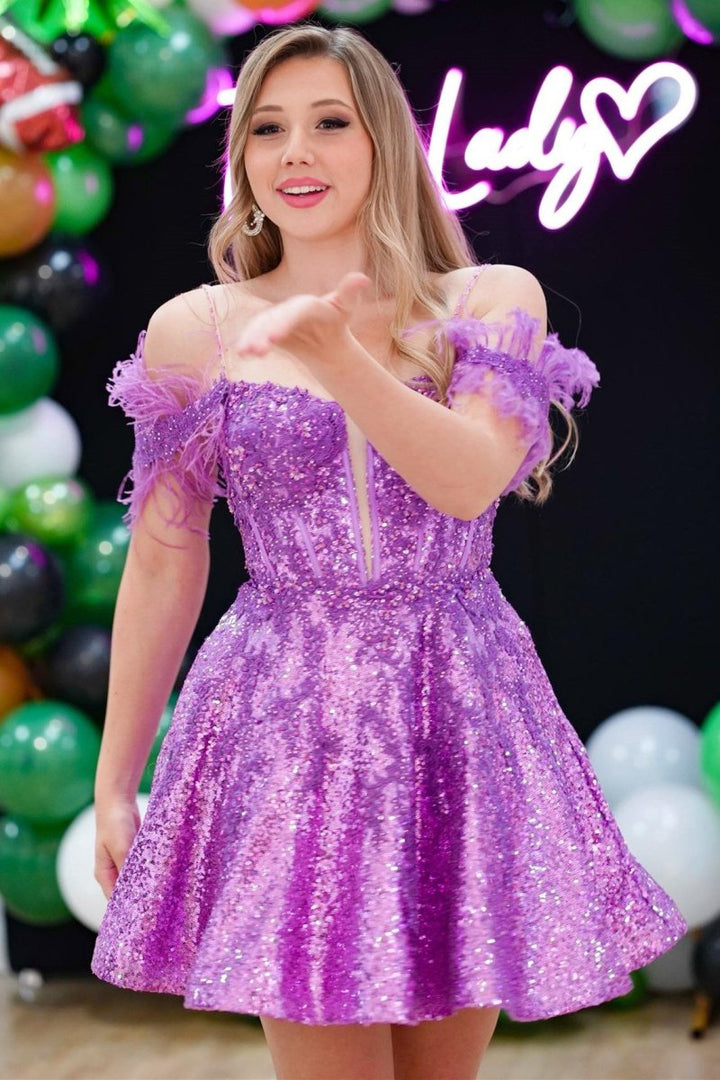 Koscy Magenta Sequin Feather Cold-Shoulder A-Line Short Dress