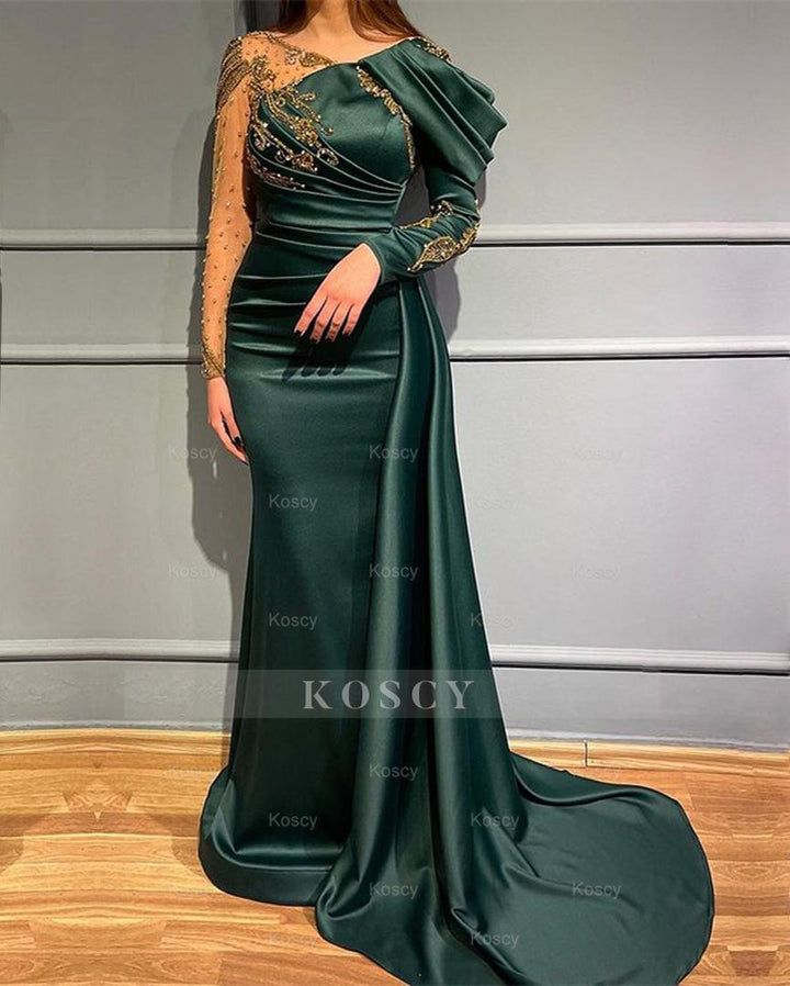 Mermaid Evening Dress: Dark Green Long Sleeves Beads Appliques